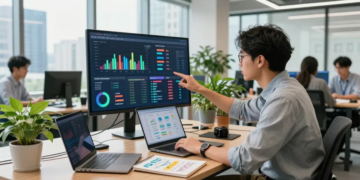 Marketing professional analyzing campaign metrics for 456bd in a sleek office setting.