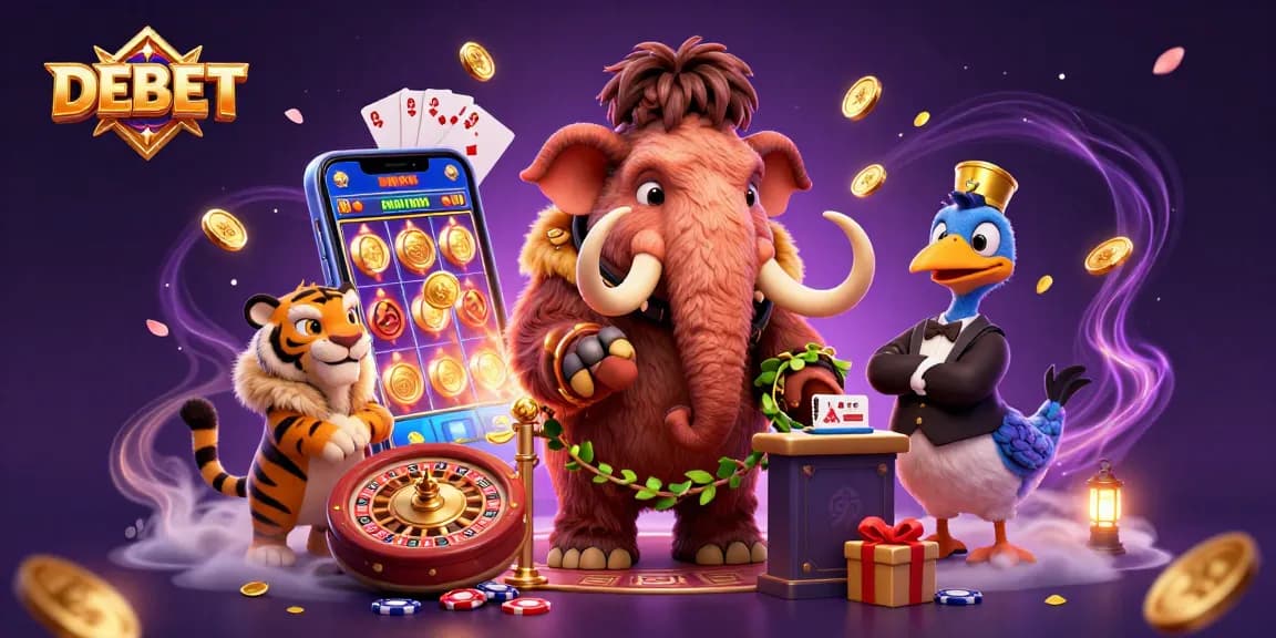 Experience the thrill of DEBET with a cartoon casino scene showcasing vibrant gambling elements and unique characters.
