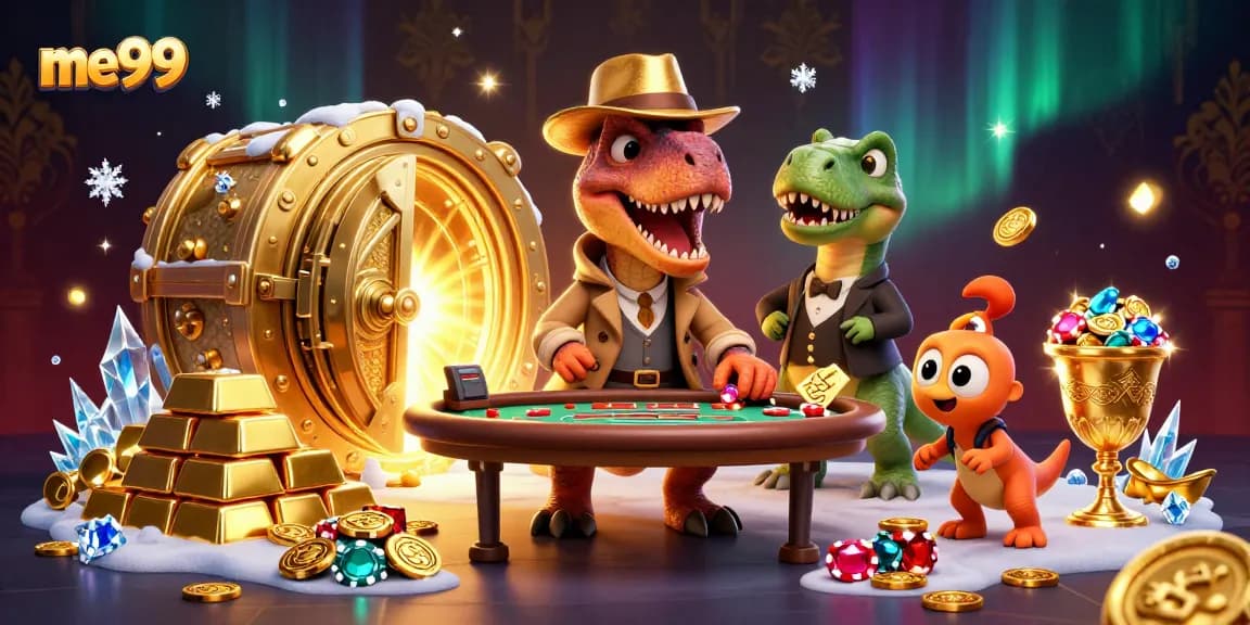 Engage in thrilling gaming excitement at me99 with cartoon characters at a blackjack table amidst treasure and gems.