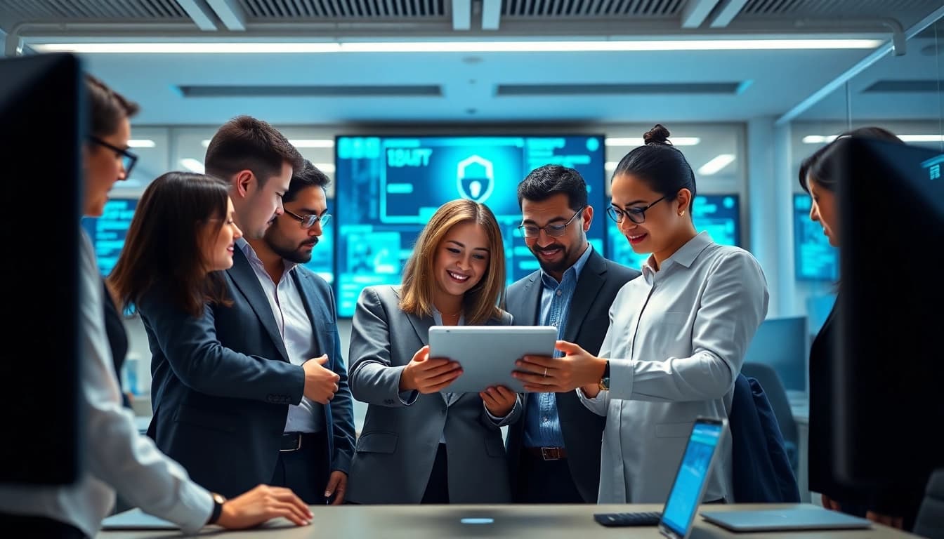 Achieving iasme cyber essentials in a modern cybersecurity office with a diverse team collaborating.