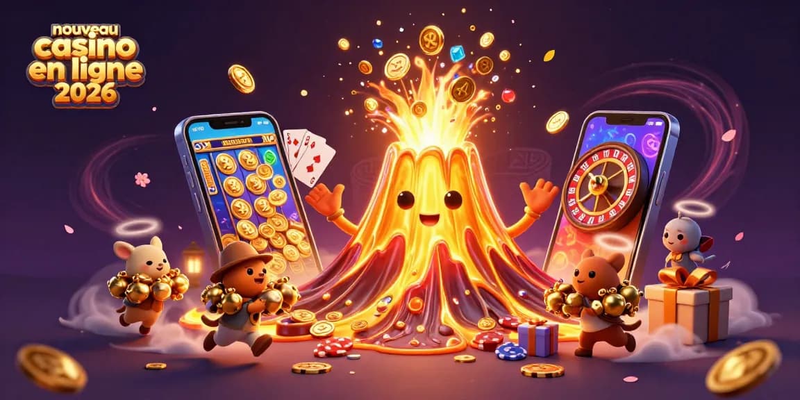Illustration animée d'un nouveau casino en ligne 2026 avec un volcan et un smartphone de jeux de casino.