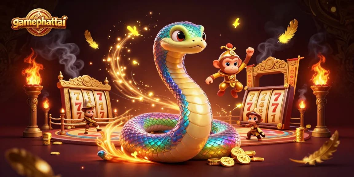 Win exciting rewards with gamephattai in this vibrant 3D fantasy scene featuring colorful characters and casino elements.