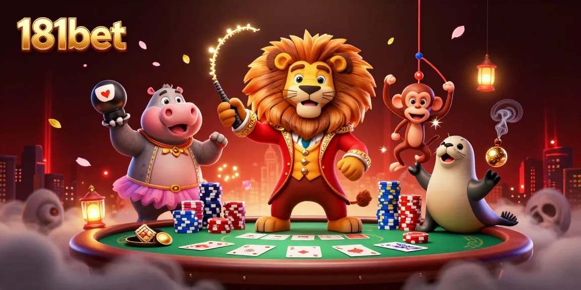Witness the entertaining action at 181bet with a lively casino scene featuring whimsical characters.