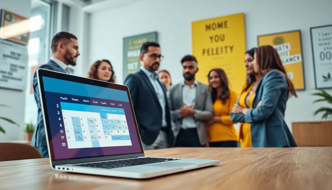 Illustration of automate calendar management showcasing a collaborative office environment with professionals.