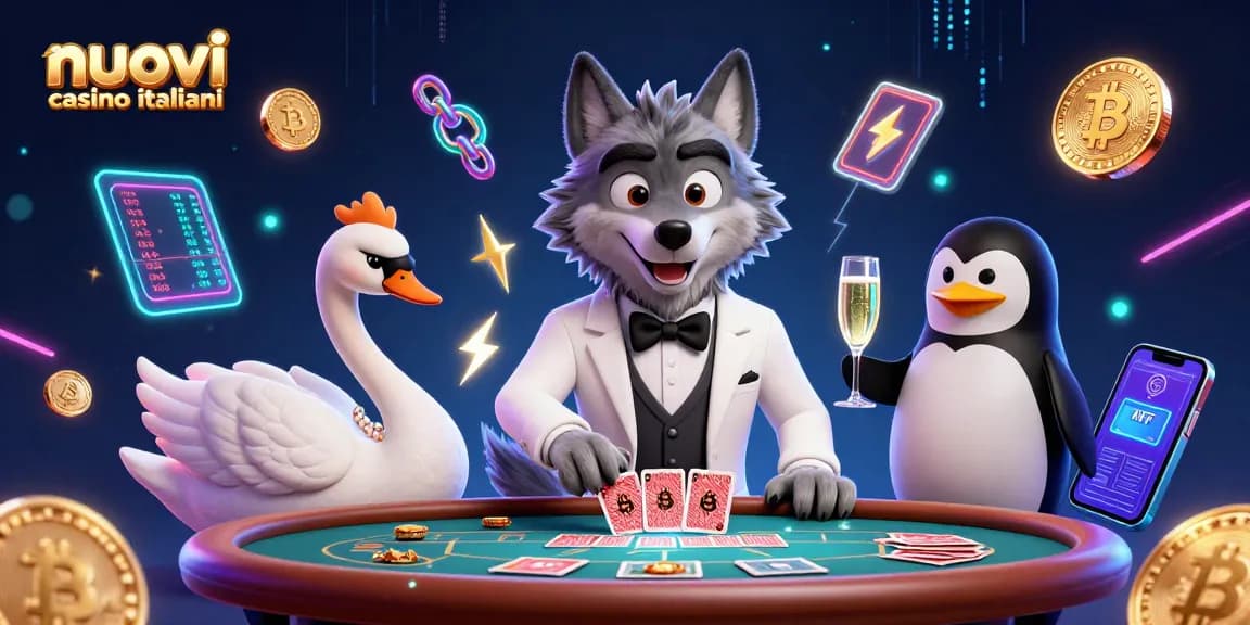 I nuovi casino italiani presentano un'illustrazione 3D vivace di un lupo elegante al tavolo di baccarat, con elementi di criptovaluta entusiasti.