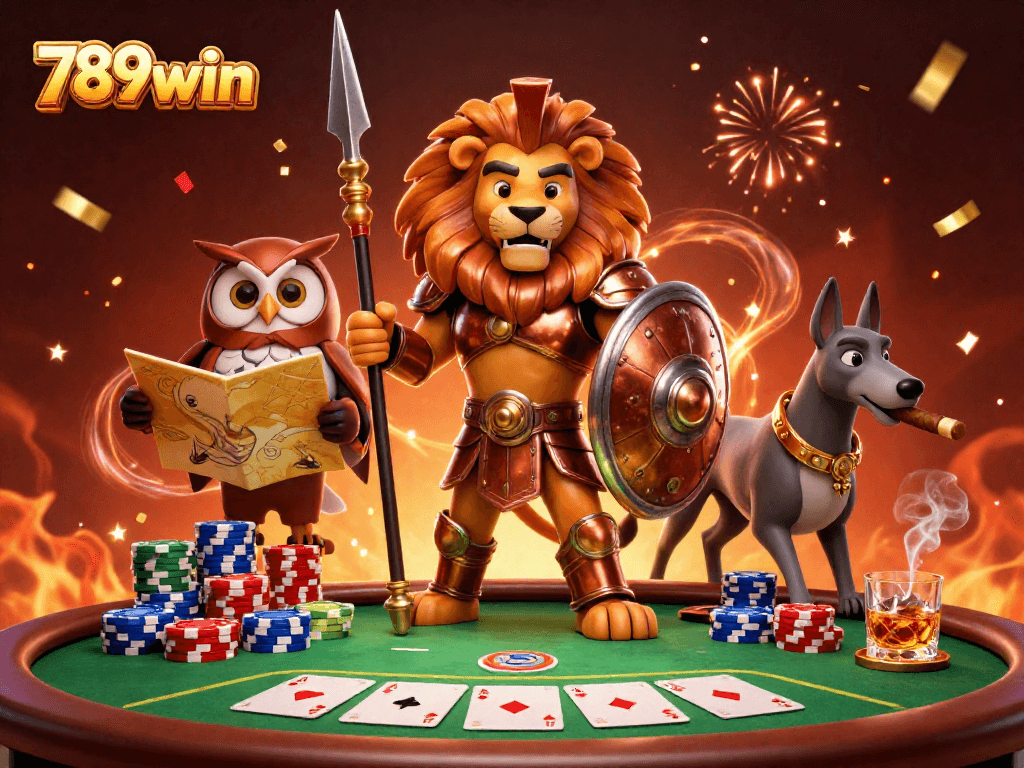 Join the excitement at 789win as a Spartan lion strategizes poker with a tactical owl and swift greyhound.