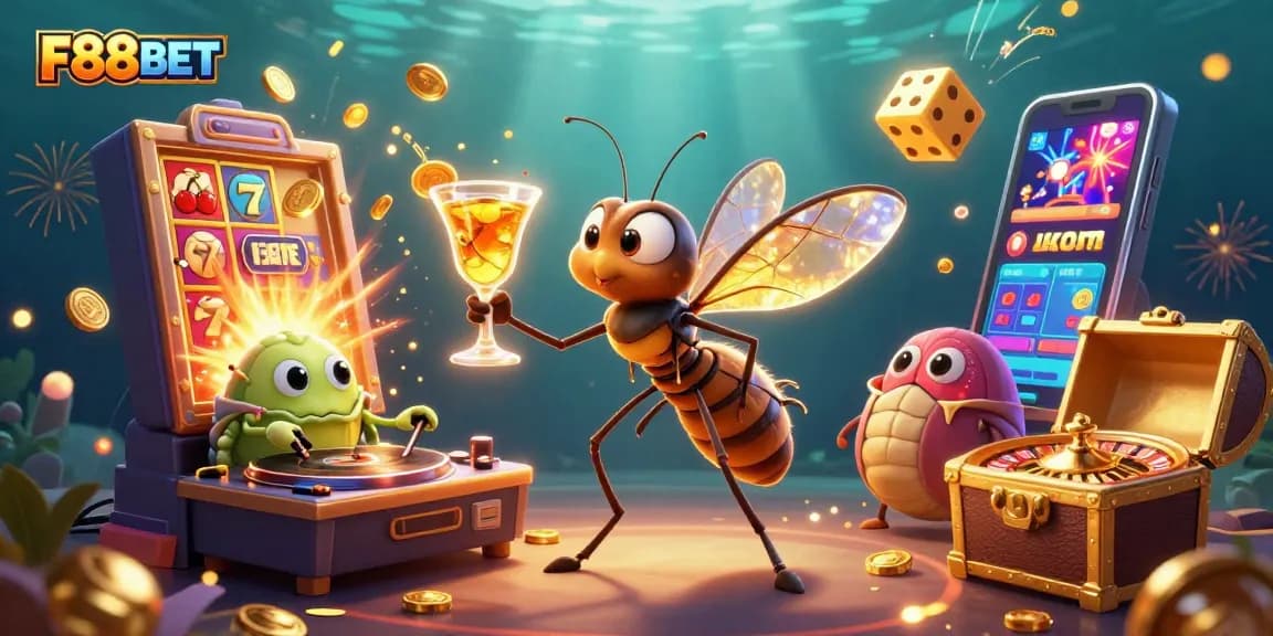F88BET offers a vibrant casino experience with a unique blend of elements, including a slot machine, cocktail mascot, and more.