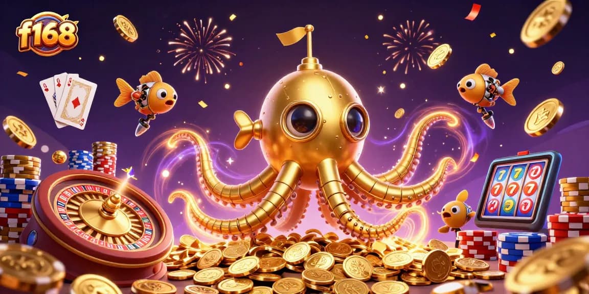 Experience thrilling gameplay at f168 with a golden kraken and mechanical fish amidst cascading coins.