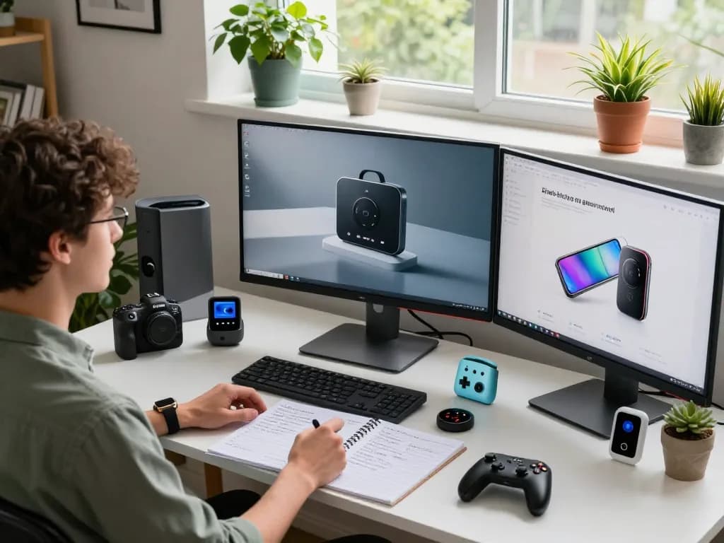 Person exploring innovative tech gadgets in a vibrant workspace with multiple Bluetooth devices.
