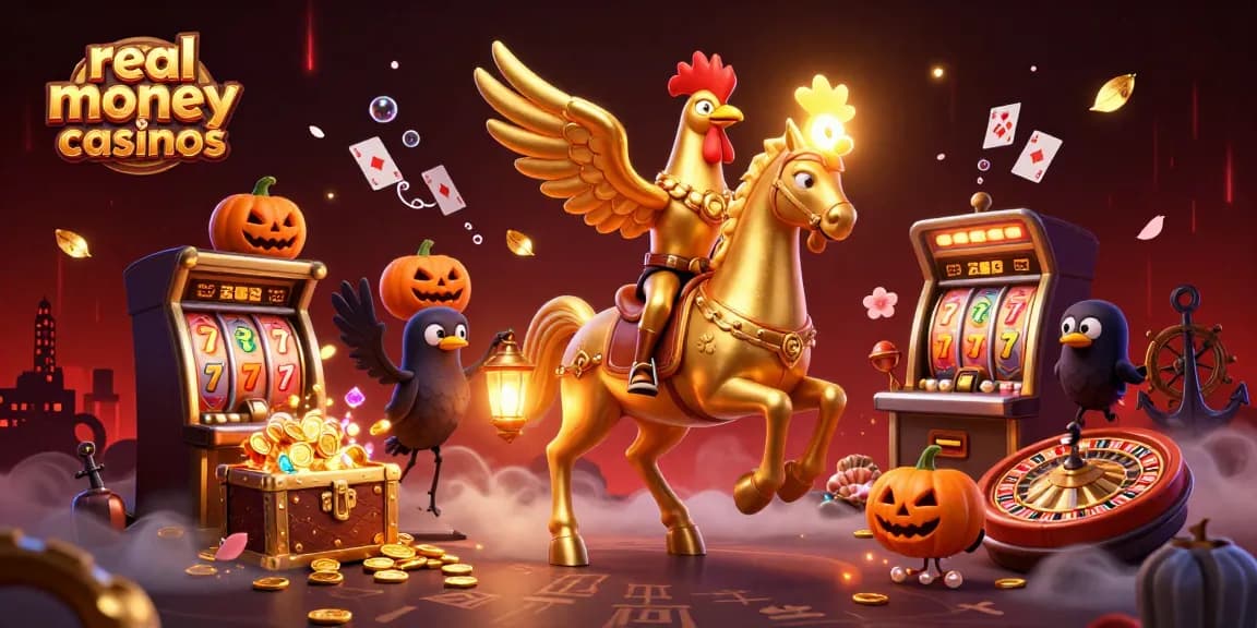 Experience thrilling excitement at real money casinos with a golden rooster and companions in vivid casino setting