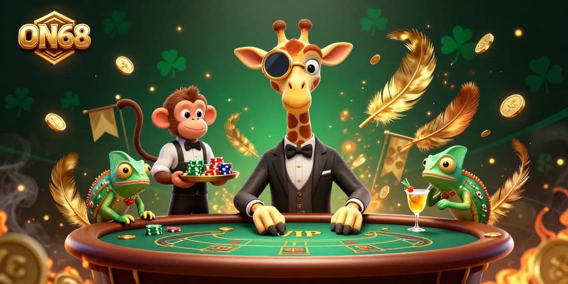 Engage with ON68's vibrant gaming scene featuring high-roller giraffe and monkey valet, capturing casino excitement.