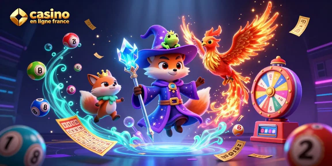Illustration dynamique de casino en ligne France avec un joueur et des symboles de chance.