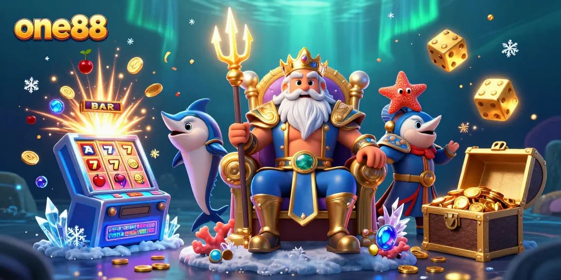Spin the reels for jackpots at one88 casino with Neptune, treasures, and vibrant decor.