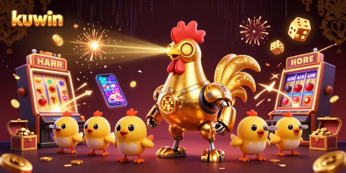 Kuwin players winning on vibrant slot machines while interacting with futuristic characters and rich casino elements