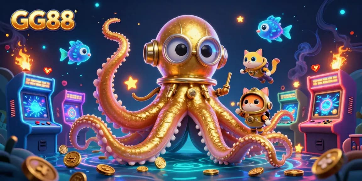 Experience the magic of GG88 as a kraken and diving cat invite you to a treasure-filled ocean of gaming fun.