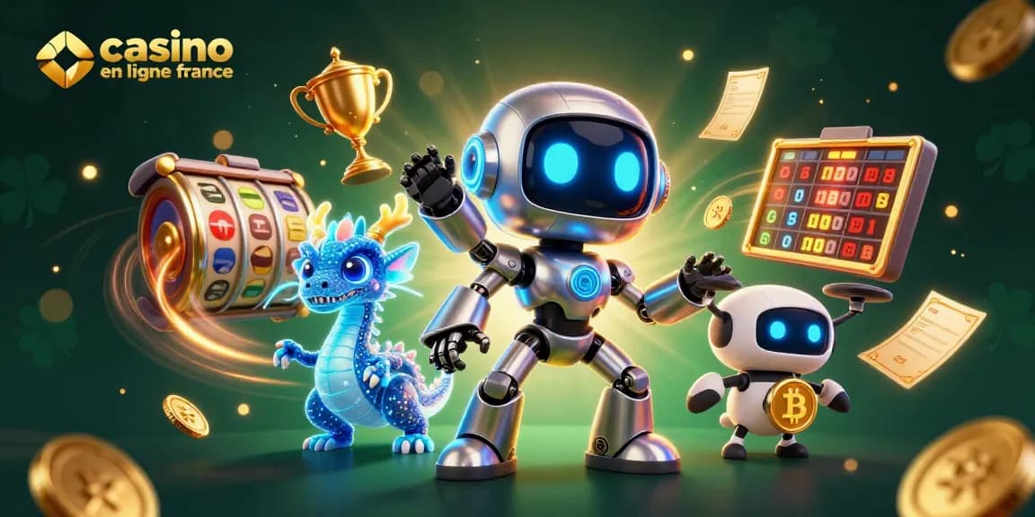 Jouer dans un casino en ligne France avec un robot cyberpunk et un dragon holographique voguant parmi des éléments de machine à sous.