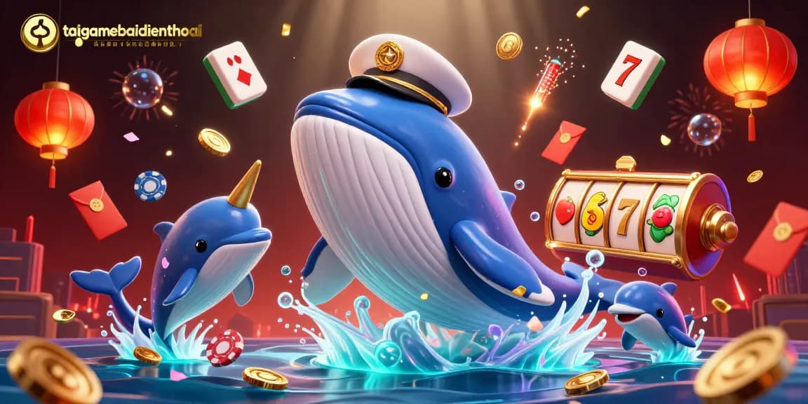 Engage with taigamebaidienthoai in this vibrant 3D casino illustration featuring playful characters amidst slot reels and colorful game elements.