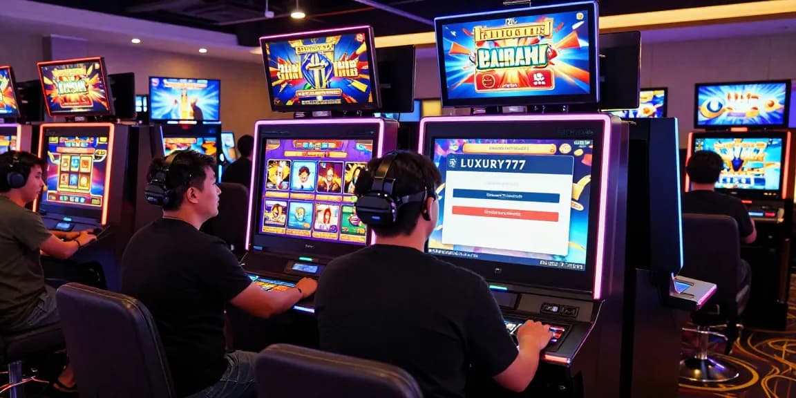 LUXURY777 Daftar pengunjung terlibat di kasino digital modern dengan layar cerah dan mesin slot interaktif.