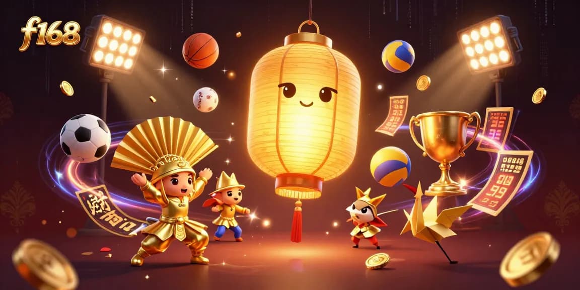 Experience f168's vibrant gambling scene with a radiant golden lantern spirit and dynamic sports betting elements.