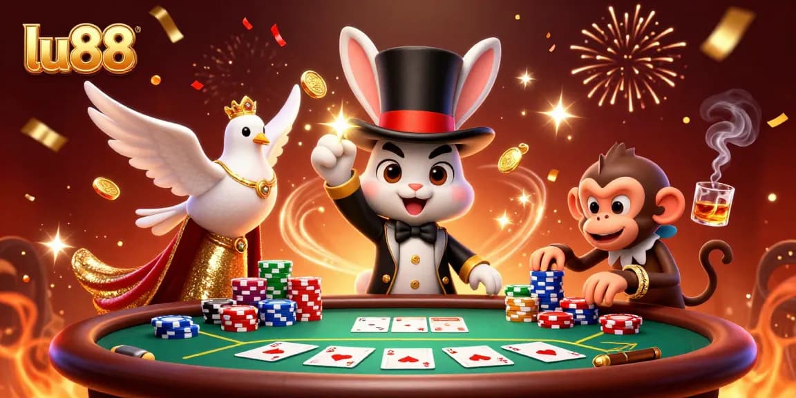 Experience dynamic gaming fun with lu88 as the magician rabbit conjures coins amid poker chips.