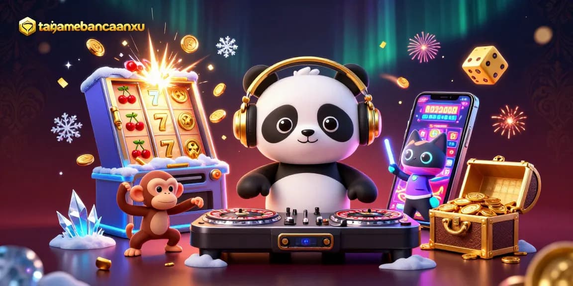 Experience the excitement of taigamebancaanxu in an ultra-detailed casino illustration with DJ panda and jackpots.