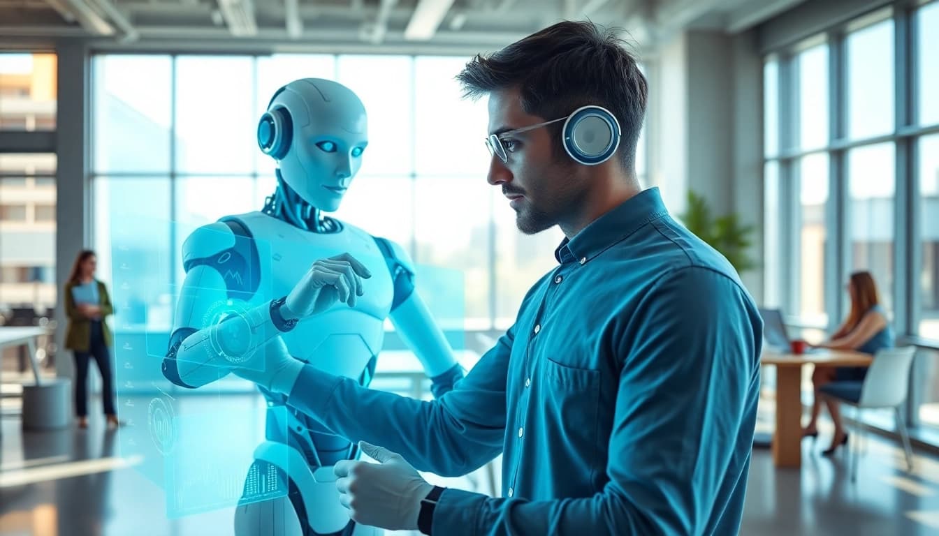 Ai agents assisting in a workspace with advanced technology features and a collaborative environment.
