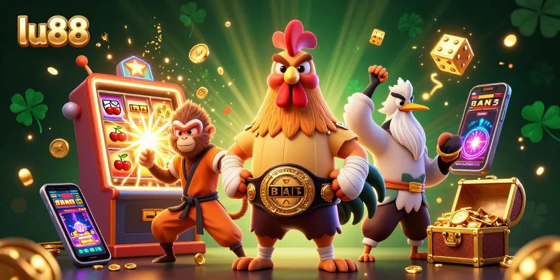 Experience the thrills at lu88 with a dynamic 3D casino illustration showcasing legendary characters.