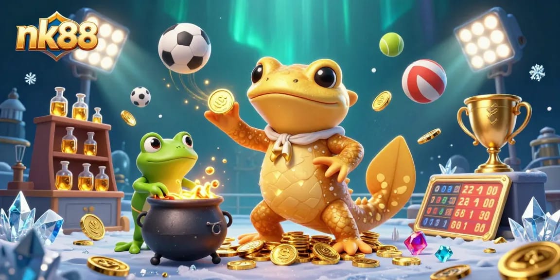 Bet on nk88 featuring vibrant alchemist scene with golden salamander and sports elements