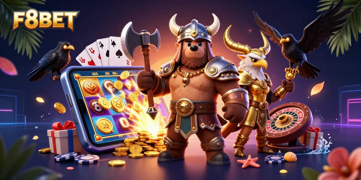 Experience thrill and excitement with F8BET's vibrant casino atmosphere depicted in this stunning 3D illustration.