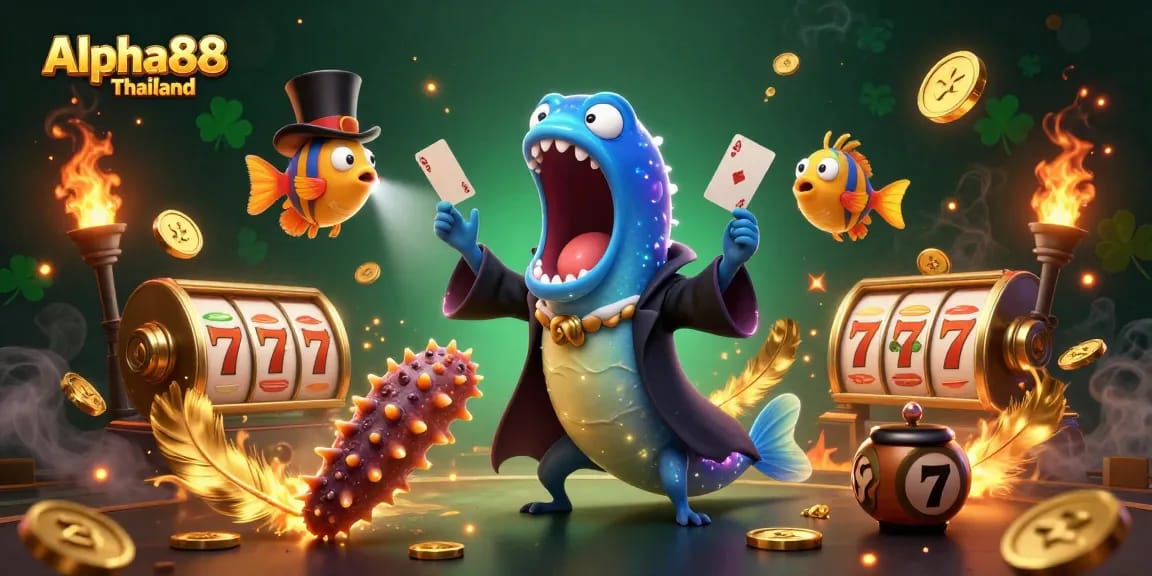 Experience Alpha88 Thailand with a vibrant casino scene featuring lively characters and magical elements.