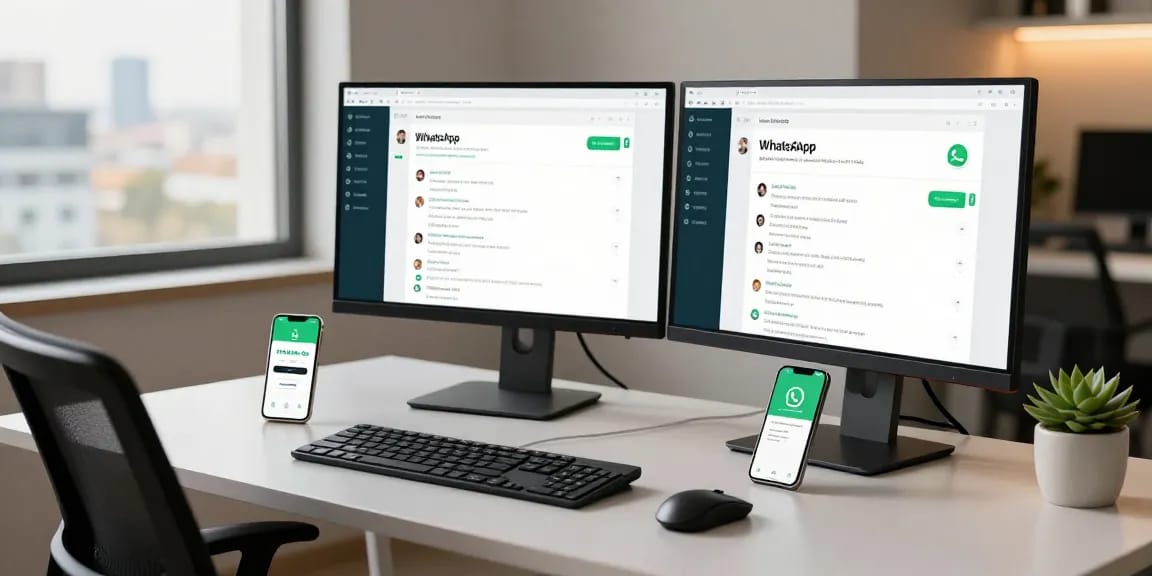 Developer using WhatsApp網頁版 on dual monitors in a modern workspace.