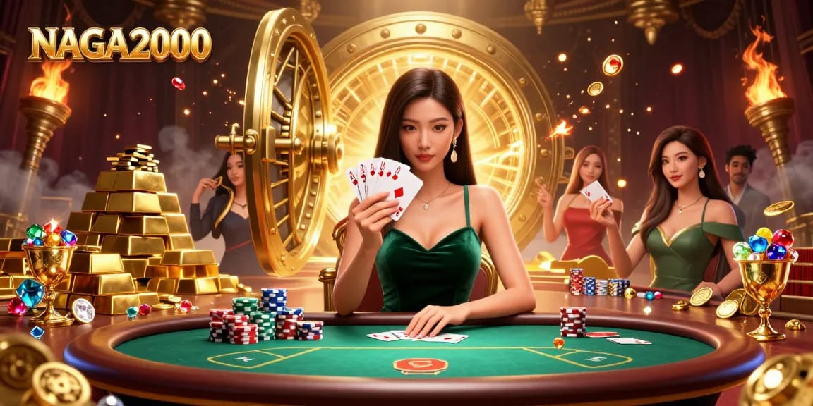 NAGA2000 menampilkan wanita Asia yang menawan di meja poker mewah dengan elemen kasino yang hidup di sekitarnya.
