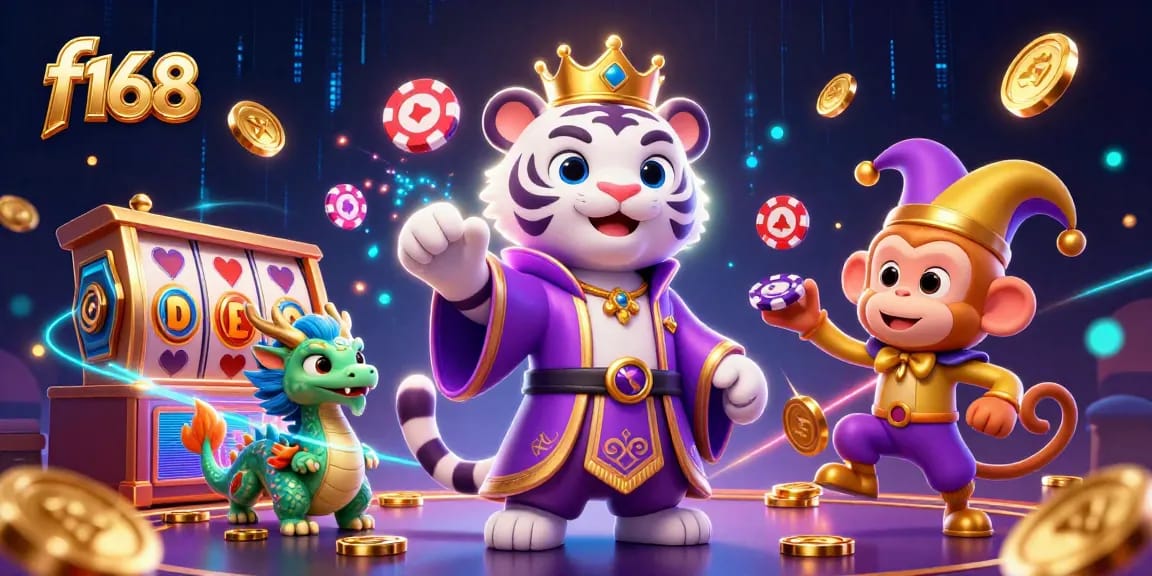 Experience the excitement at f168 with a vibrant casino scene featuring colorful characters and games.