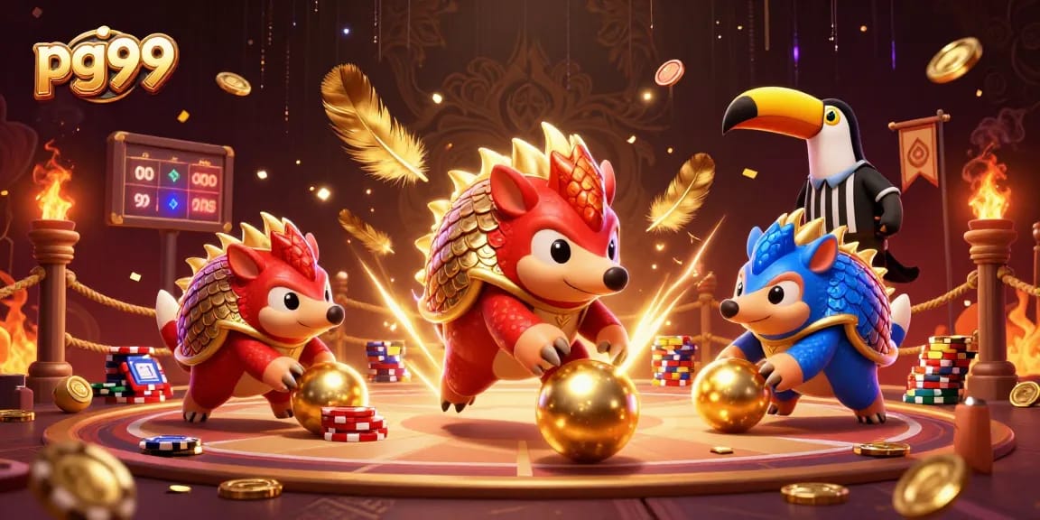 Engage with pg99's thrilling pangolin showdown amidst golden chips and vibrant casino elements.