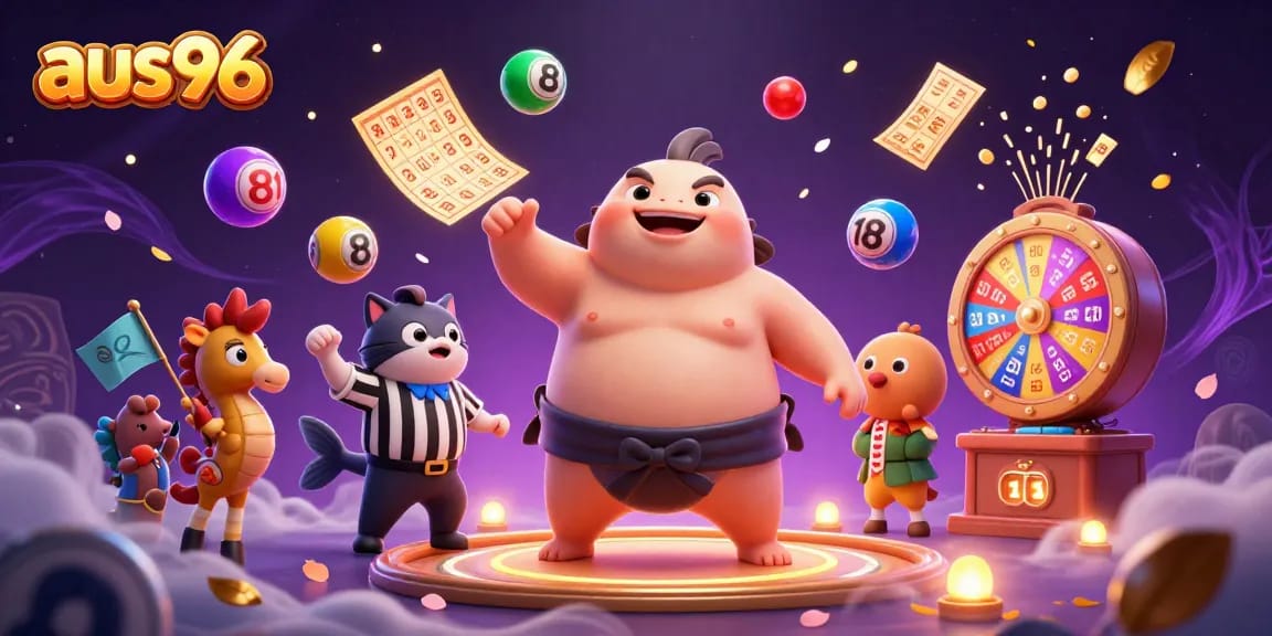 Experience the excitement of aus96 online casino with games and prizes in a vibrant 3D illustration.
