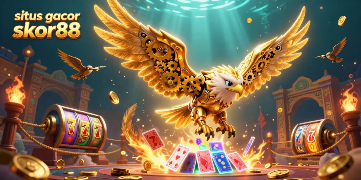 Experience thrilling action at situs gacor skor88 with a vibrant 3D scene featuring golden eagle amidst holographic cards.