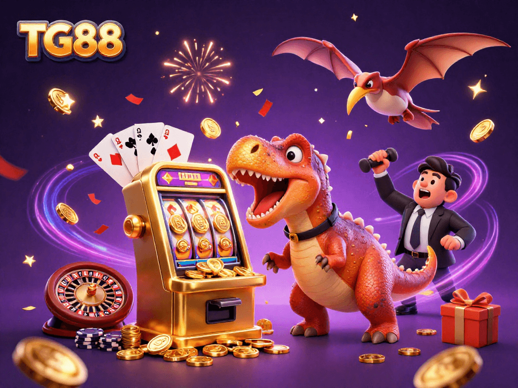 TG88 thrills with a pachycephalosaurus jackpot and coins cascading in this vibrant casino scene.