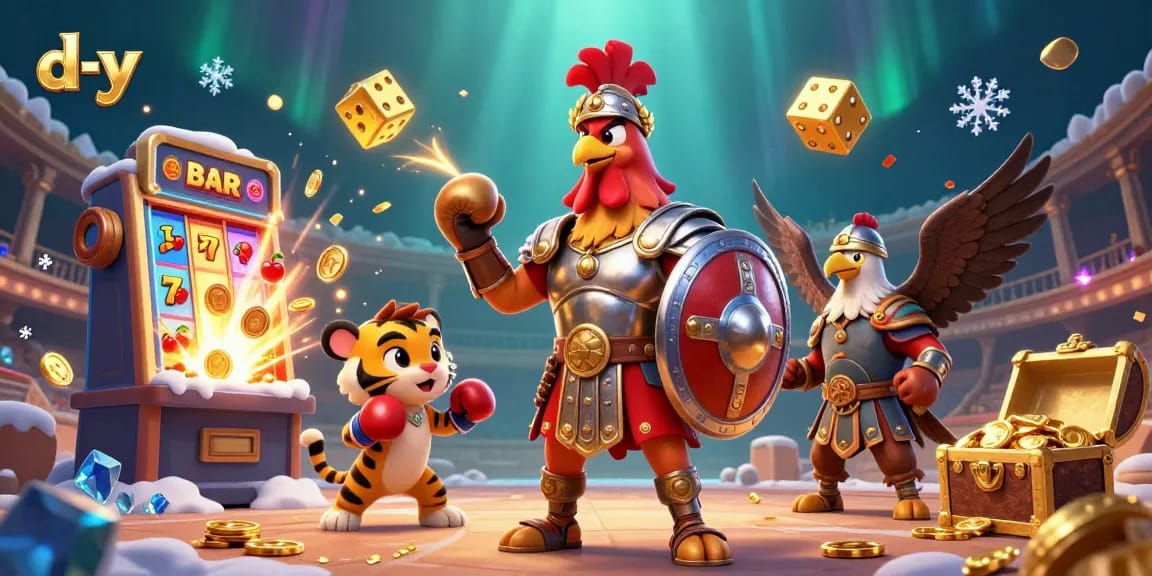 d-y showcases a vibrant scene of a cartoon gladiator rooster and tiger cub in a dynamic gambling adventure full of slot machine symbols.