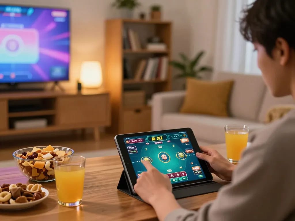 Engaging in tài xỉu online game on a tablet in a cozy home environment.