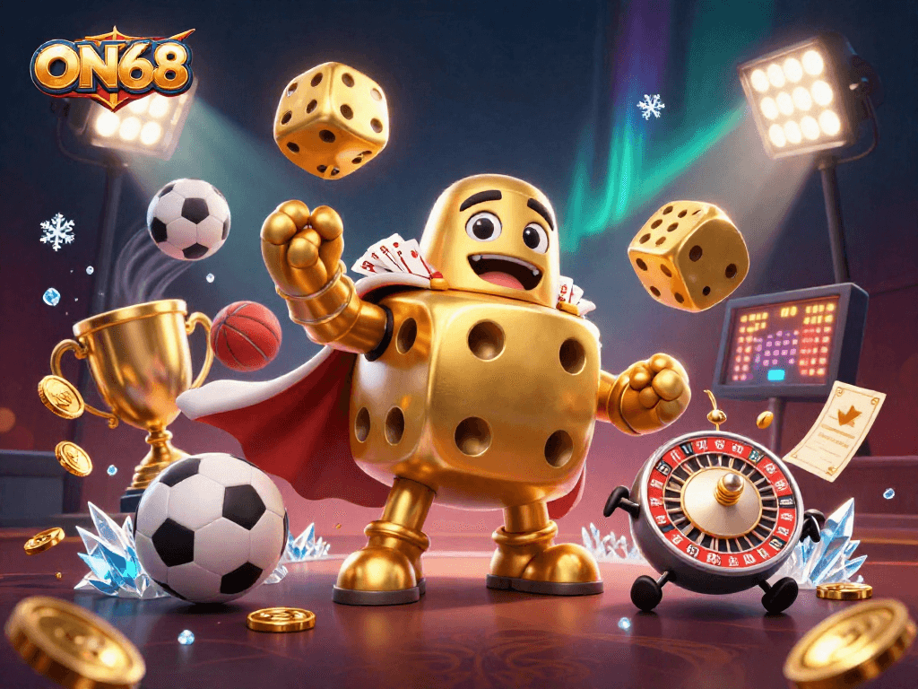 Engage in thrilling gaming action at ON68 with dynamic golden dice characters and sports elements.