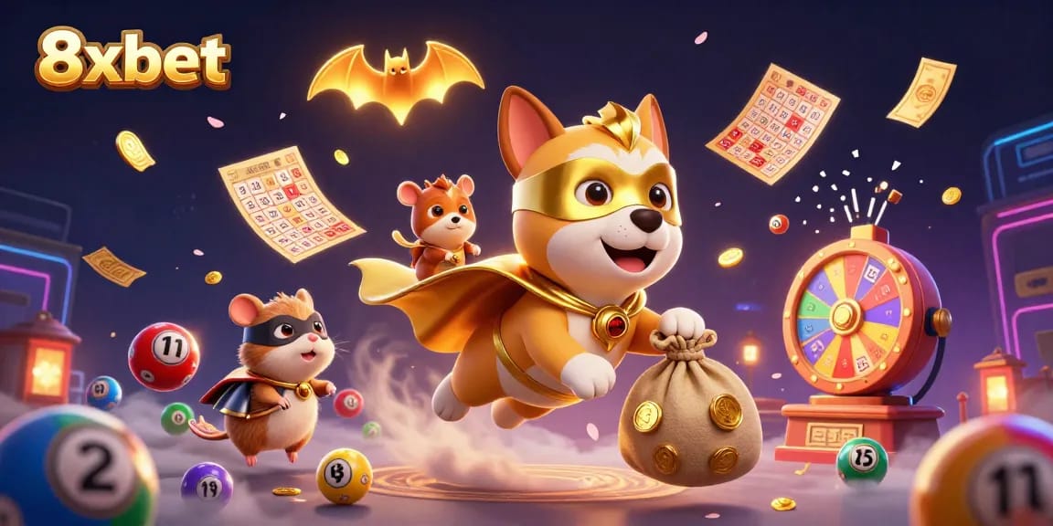 Play thrilling games with 8xbet, featuring dynamic characters and vibrant casino elements amidst golden coins and lottery balls.