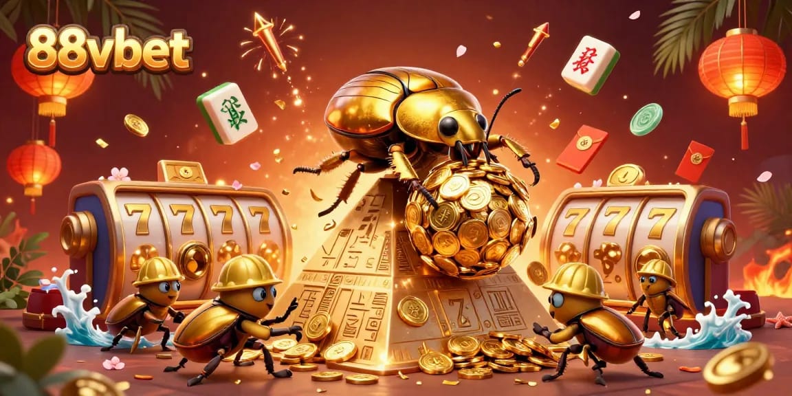 Engaging slot gaming experience at 88vbet with golden beetles and vibrant casino symbols.