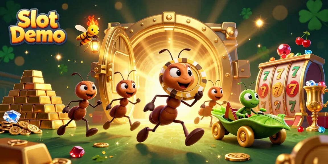 Experience thrilling Slot Demo action with animated ants heisting a giant poker chip in a vibrant casino setting.
