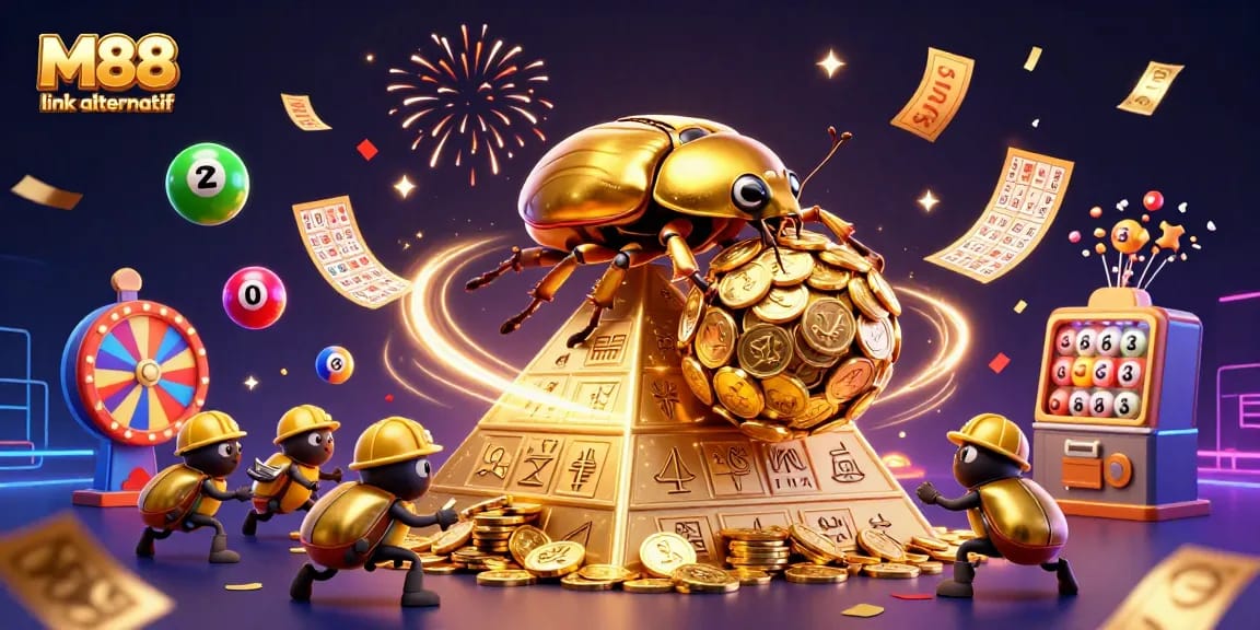 M88 link alternatif showcases a vibrant 3D illustration of a golden beetle among casino symbols, enhancing your gaming experience.