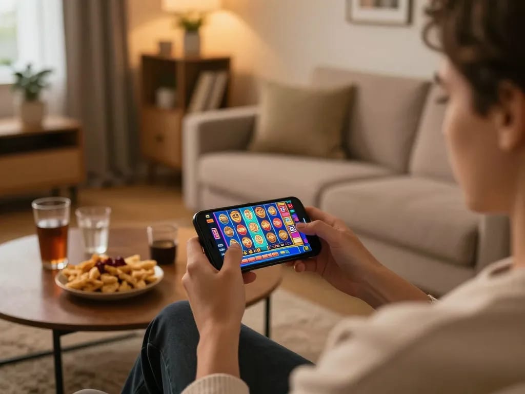 Pemain menikmati slot online rokok88 di smartphone dalam suasana ruang tamu yang nyaman.