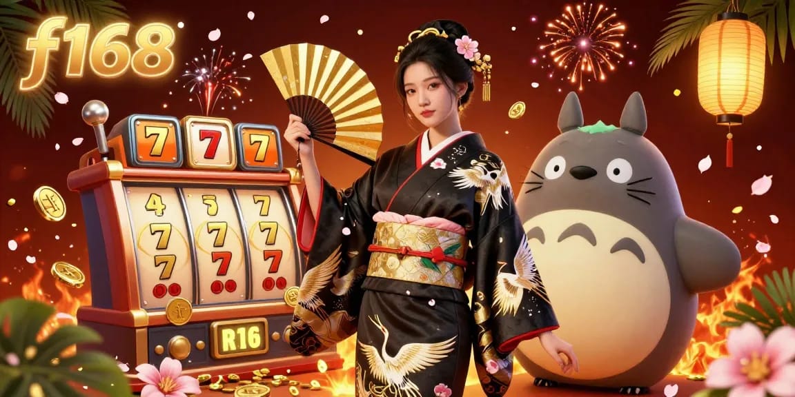 Experience the thrilling f168 casino atmosphere with an elegant Asian character and dynamic slot game elements.