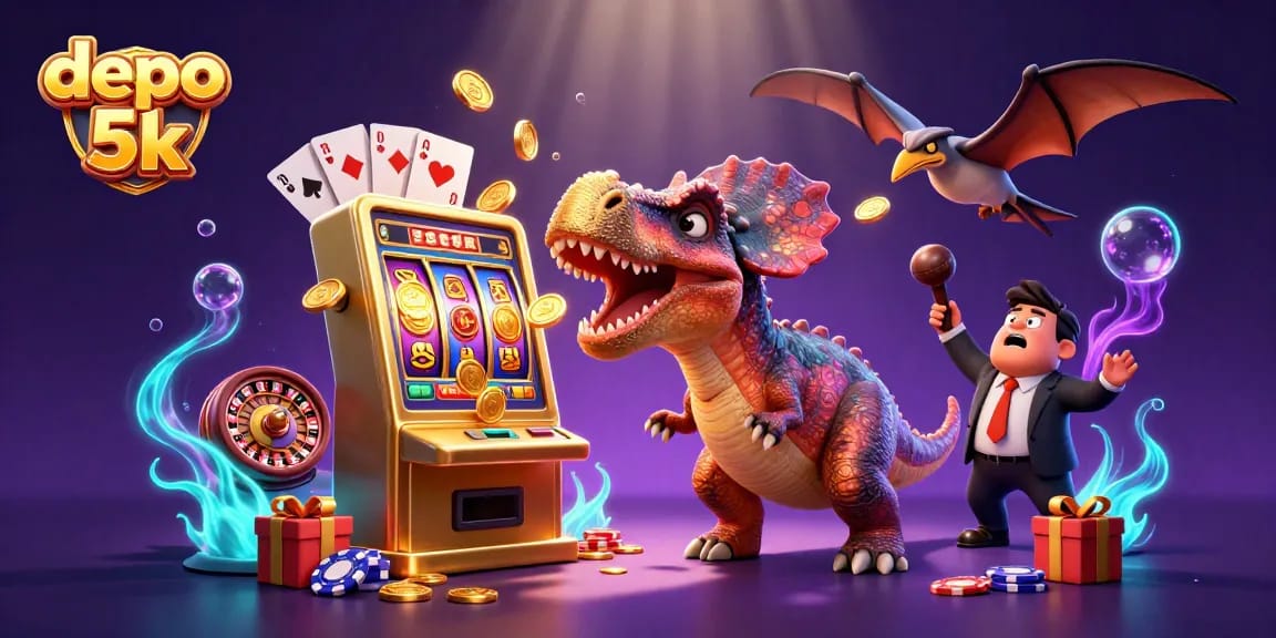 Catch the excitement with depo 5k as a pachycephalosaurus hits the jackpot on a glowing slot machine!