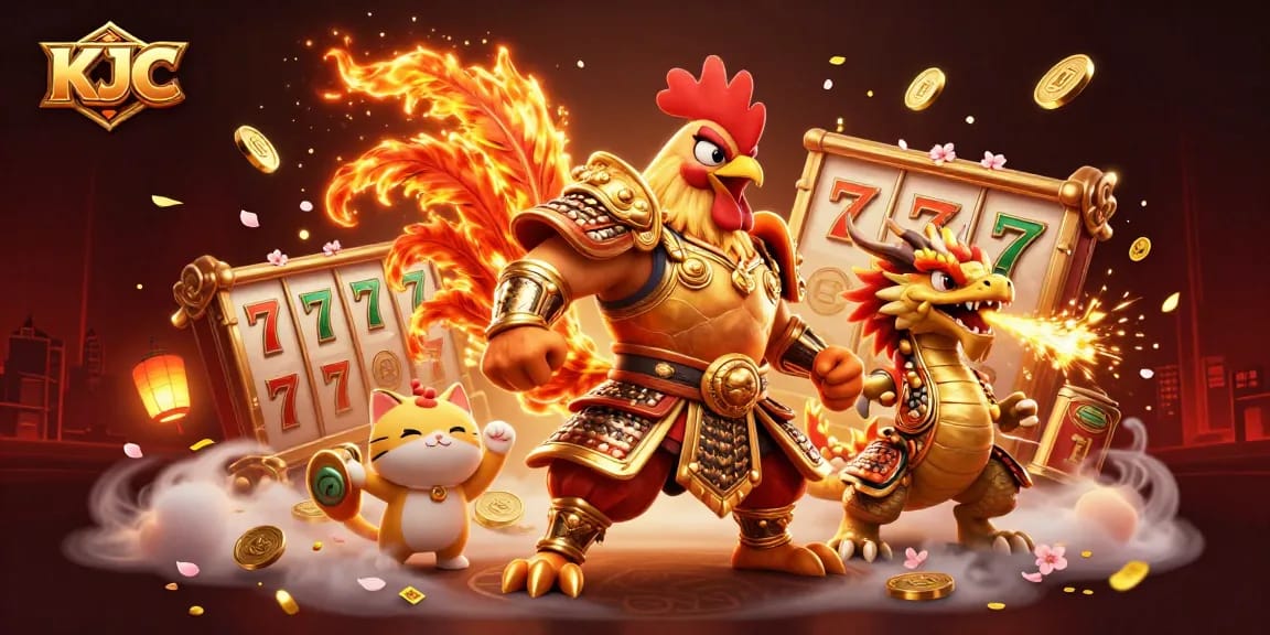 KJC ignites excitement with a dynamic scene of a fighting rooster warrior, a dragon hatchling, and a fortune cat amidst slot machines and spinning coins.
