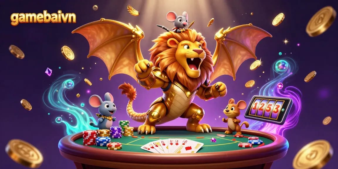 Experience gamebaivn's thrilling poker scene with golden chips, dynamic gameplay, and epic winnings.