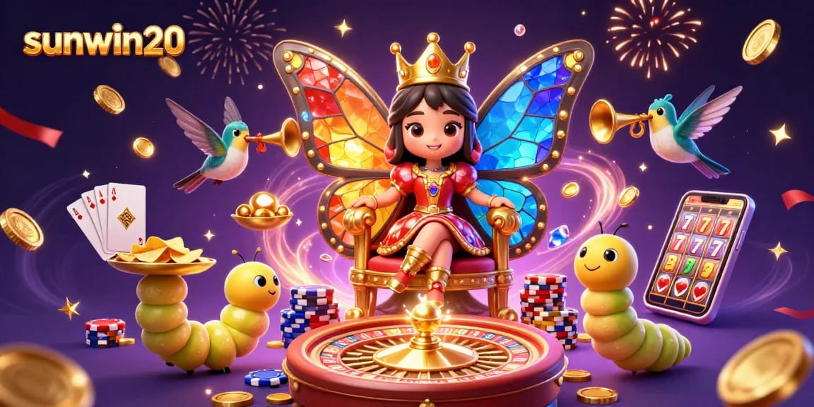 Experience vibrant gaming with sunwin20, featuring a butterfly queen and poker elements in a dazzling scene.